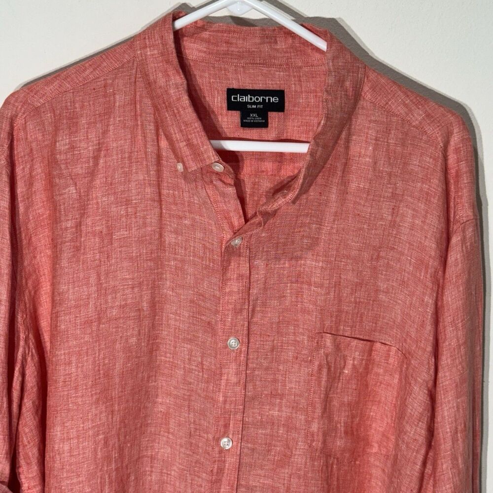 Claiborne Shirt Men’s XXL Slim Fit Red 100% Linen Long Sleeves Button Down - Picture 4 of 6